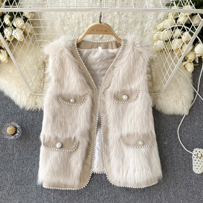 

Autumn and Winter New Small Fragrant Wind Design Sense Pearl Imitation Fur Vest Female Short Paragraph Cardigan Short Jacket
