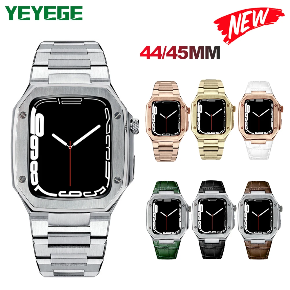 

Luxury Leather Strap + Metal Case for Apple Watch Band Mod Kit 44 mm 45mm Watchband Modification Kit iWatch Series 8 7 6 SE 5 4