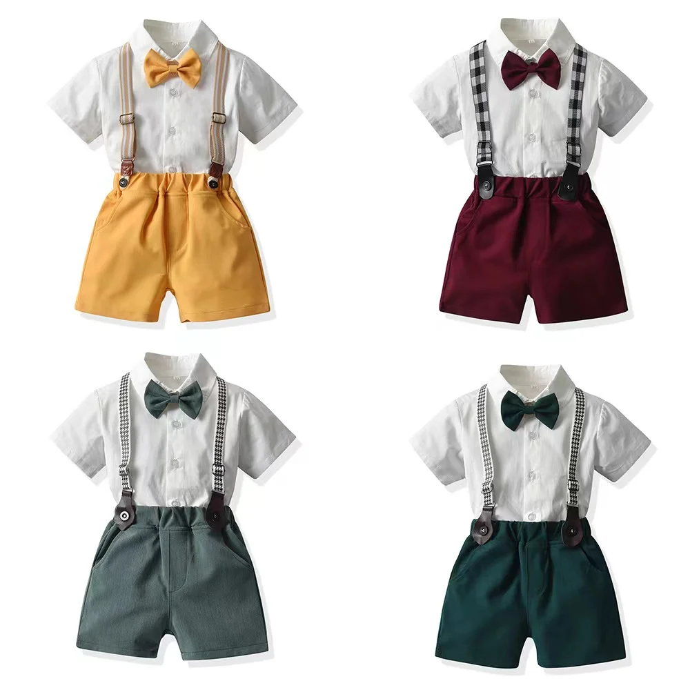 

2022 Summer Kids Baby Boy Formal Suit Short Sleeve with Shirt+Suspender Pants Casual Clothes Outfit Gentleman Set 2PCS