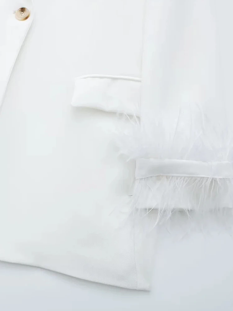 PAILETE Women 2023 fashion with feathers straight blazer coat vintage long sleeve flap pockets female outerwear chic veste femme