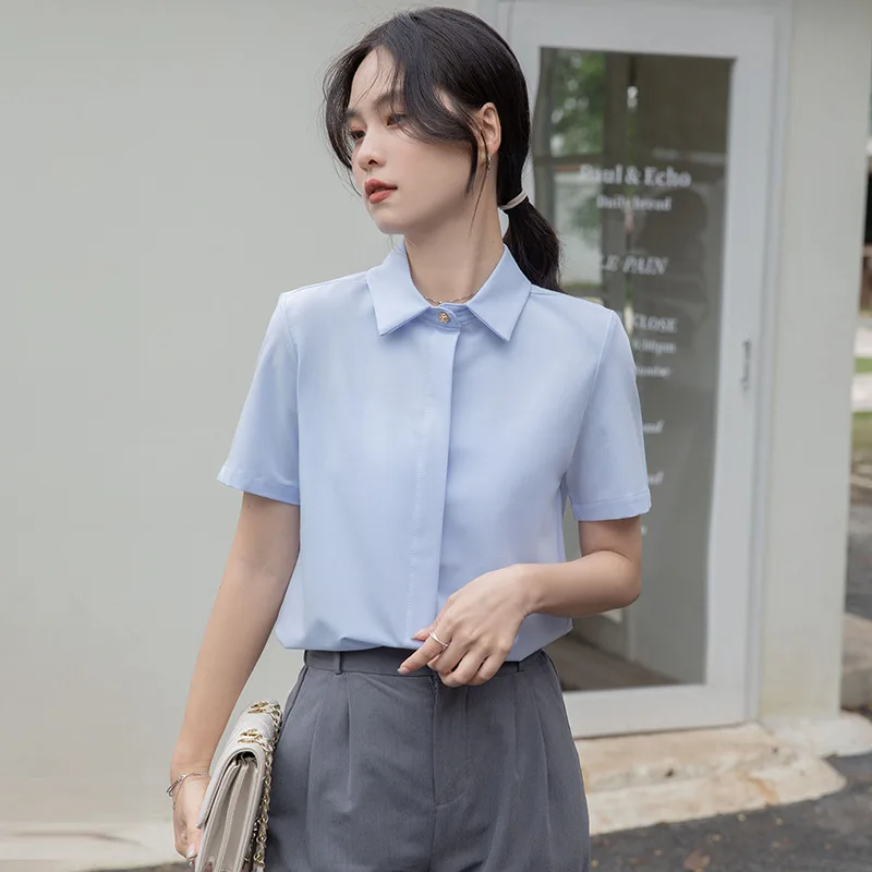 

New Summer Fashion Woman Blouse 2023 Solid Satin Short Sleeves Elegant Minimalist Shirts and Blouses for Women