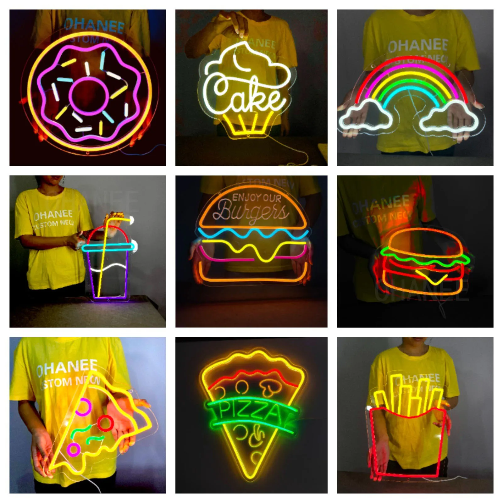 Неоновая вывеска-хот-дог, фри, гамбургер, пицца, торт, пончики, лампы ...