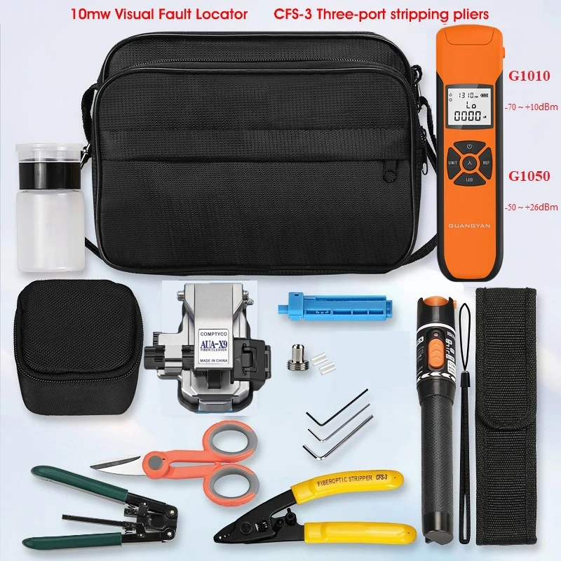 FTTH Fiber Optic Tool Kit with AUA-X9 Fiber Cleaver -70~+10dBm/-50~+26dBm G10 Optical Power Meter 10mw Visual Fault Locator