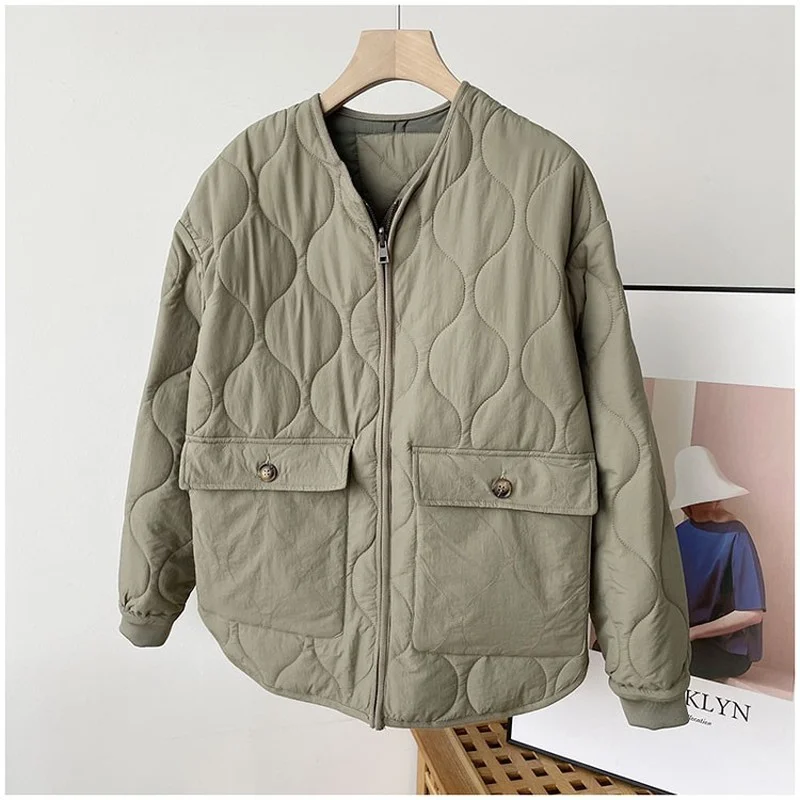 Армейский зеленый хлопок женские парки осень зима v-образный вырез карман с