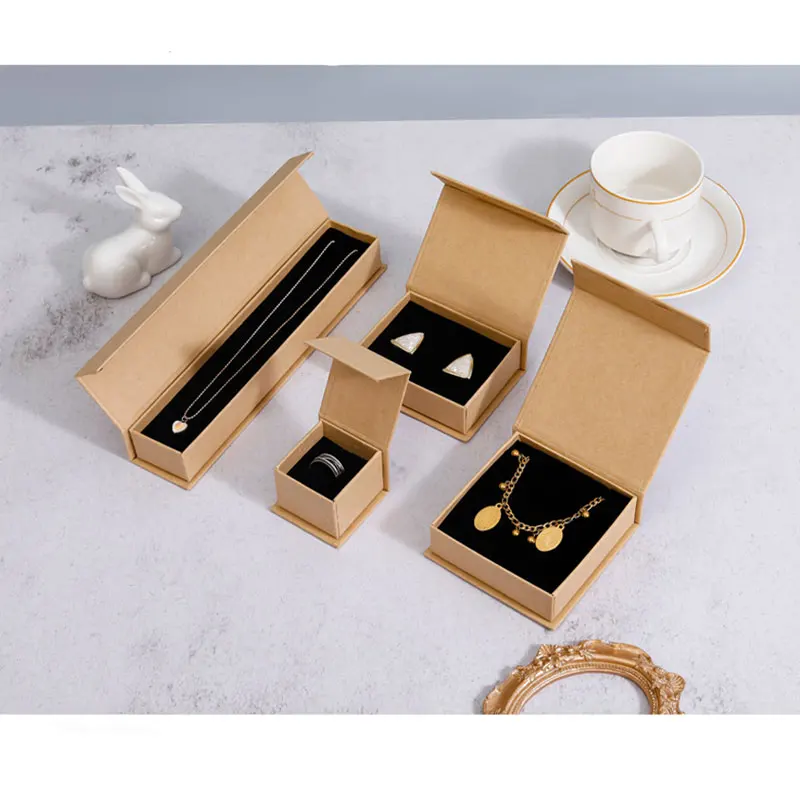 24pcs Brown Jewelry Cardboard Box New Engagement Ring Portable Rectangle Womens Jewelry Gifts Packaging With Sponge Inside