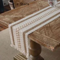 cotton linen dining table runner two color knitted tablecloth with tassels boho style cabinet decor wedding table decorations
