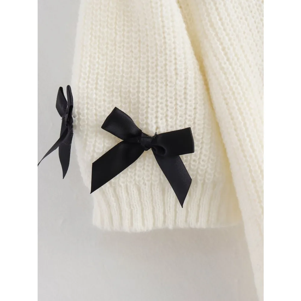 Женский винтажный свитер с коротким рукавом круглым вырезом и бантом