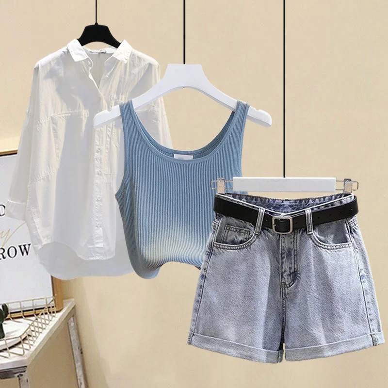 

Plus Size Women Summer Sets Streetwear Knitted Vest+white Sunscreen Blouse+denim Shorts 3 Pieces Set For Women Y2k Outfits 2022