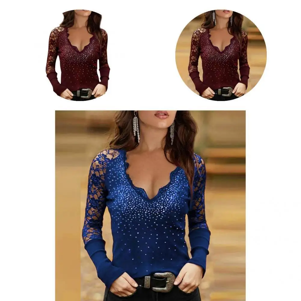 

Женская блузка однотонная Повседневная Блузка с кружевным рукавом и V-образным вырезом