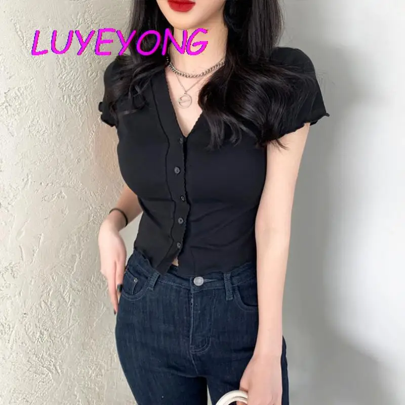 

V образным вырезом Базовая футболка с коротким рукавом для женщин в готическом стиле с черным верхом элегантные узкие женские летняя футбол...