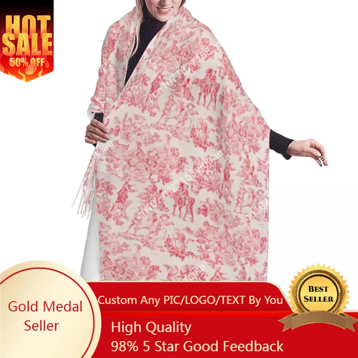 

French Toile De Jouy Pattern Scarf Wrap for Women Long Winter Warm Tassel Shawl Unisex Traditional France Art Versatile Scarves