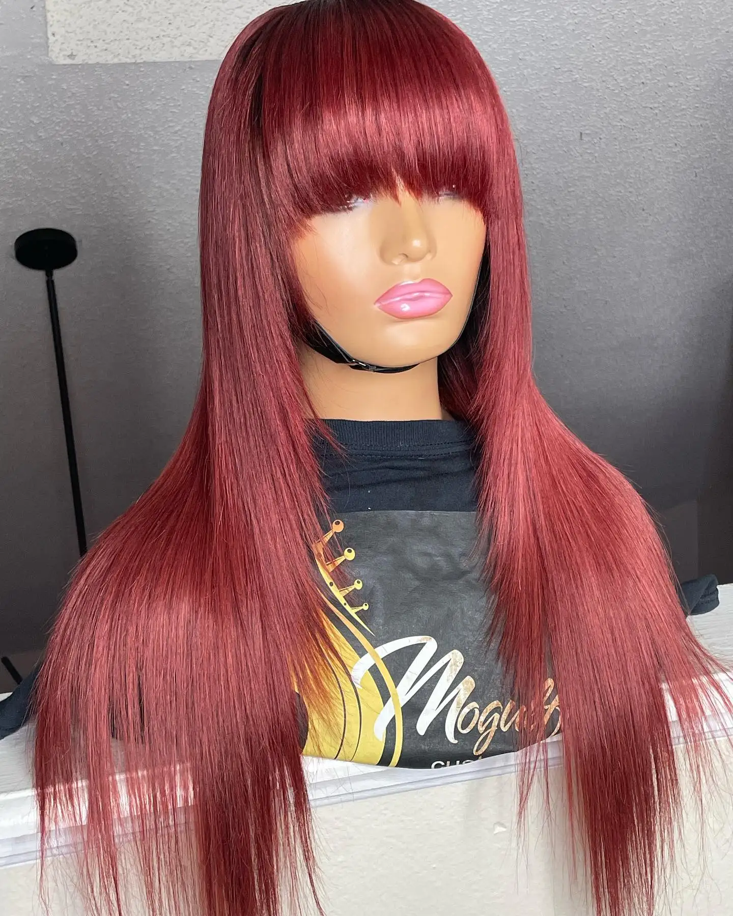 

99J Burgundy Red Straight Colored Human Hair Wigs With Bang Brazilian Remy Full Machine Made Wig For Women 10-32 Inch Fringe Wig