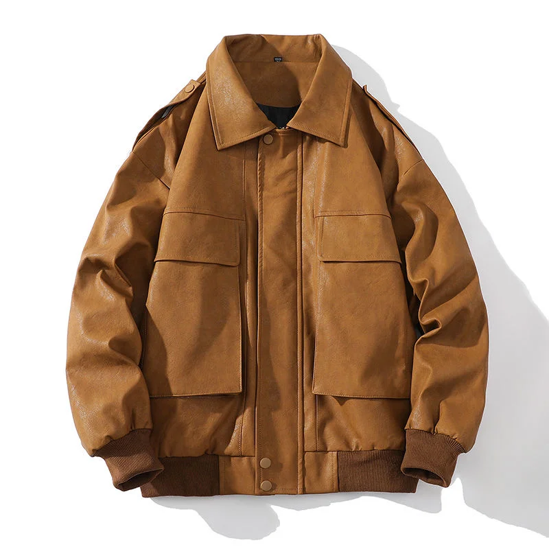 

Autumn Winter PU Leather Men PU Jackets Vintage Solid Color Man Casual Outwears Coats 2023 Streetwear Male Oversized Top