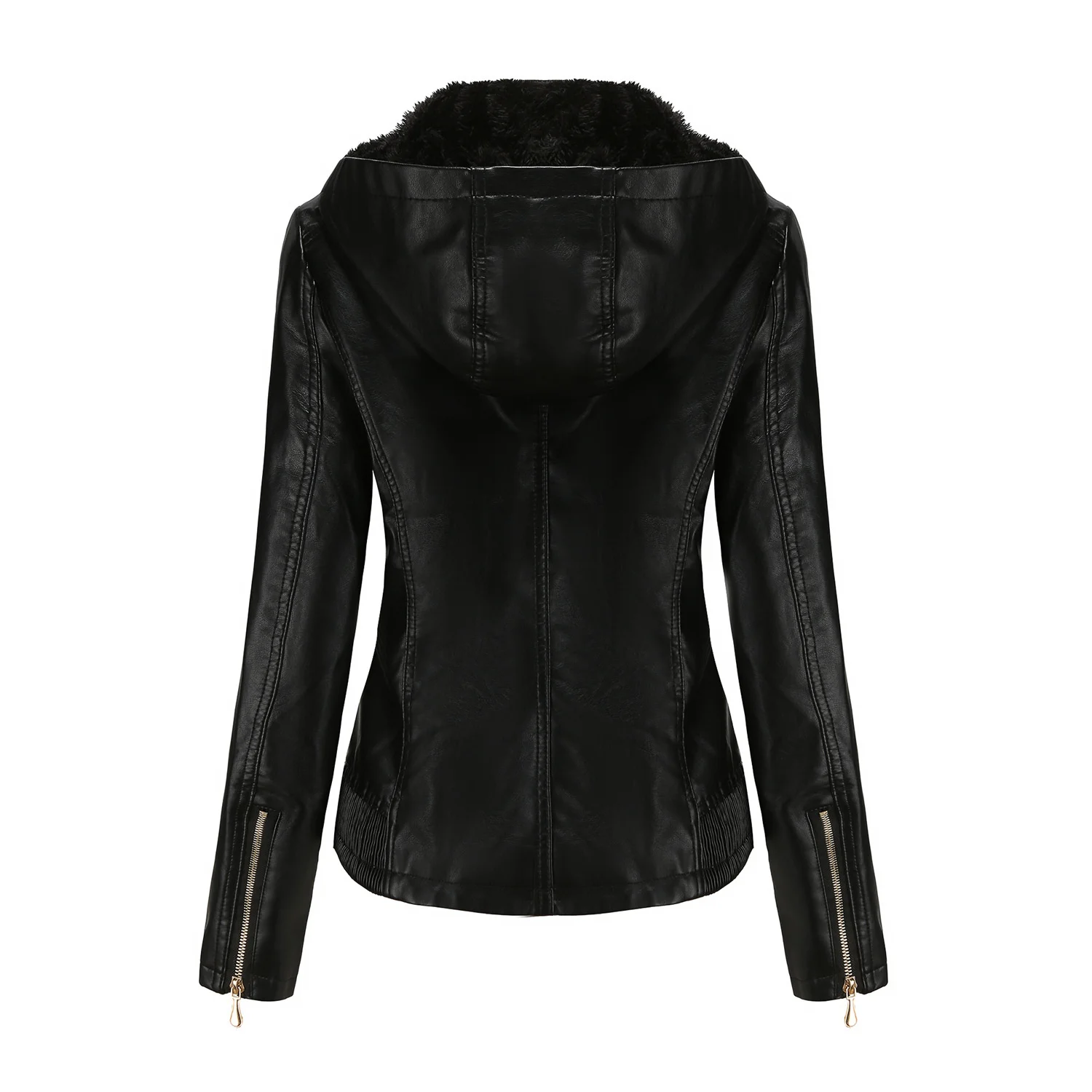 Aw2022 hooded leather women's detachable hat zipper long sleeve plush leather jacket European size slim fit coat