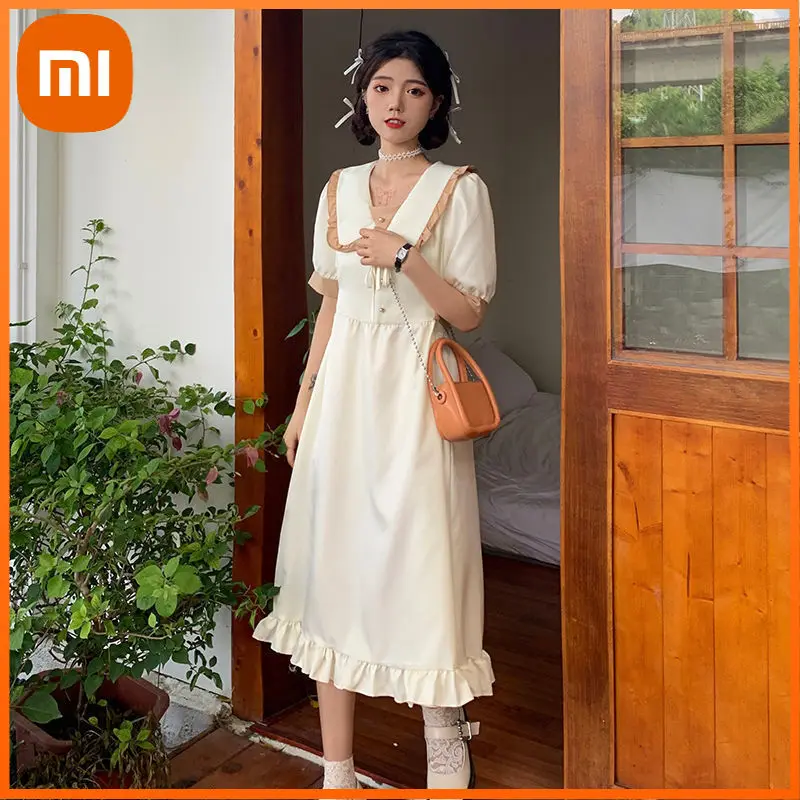 

Xiaomi Sweet Japanese Princess Dress Women Peter Pan Collar Party Fairy Dress Female Patchwork Sashes Designer Midi Dresses