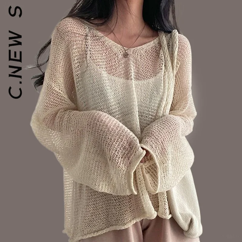 

C.New S Knitted New Women Sweater Long SleeveHollow Out Design Women Sweaters Pullover Women Streetwear Vintage Tops Female