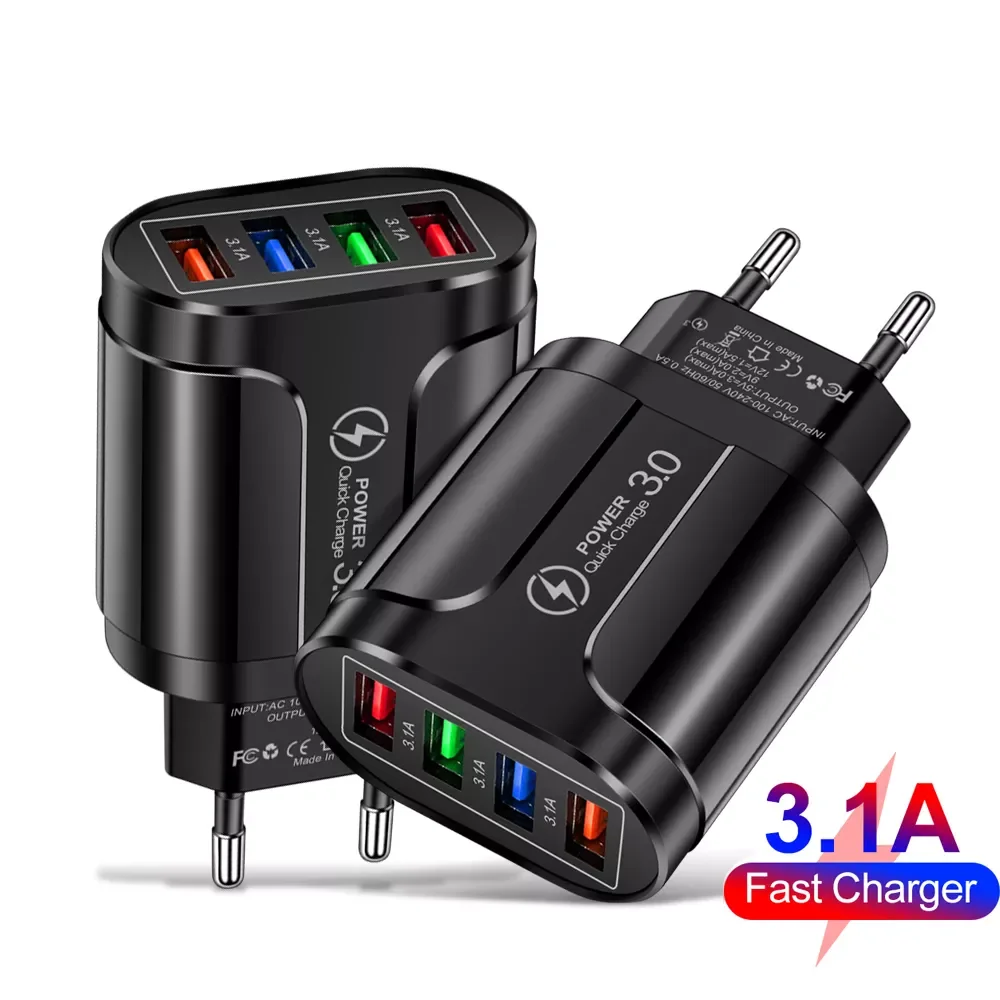 

USB phone Charger 4 Ports QC3.0 Quick Charge 3.1A Universal Wall Charging Adapter For iPhone Mobile Phone Chargers
