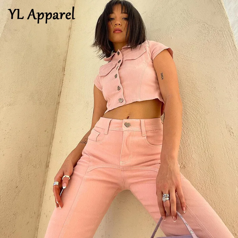 

Pink Suits 2022 Single Breasted Tops High Waist Flare Pants Two Piece Sets High Street Fashion Women's Short Sleeve Office Suit