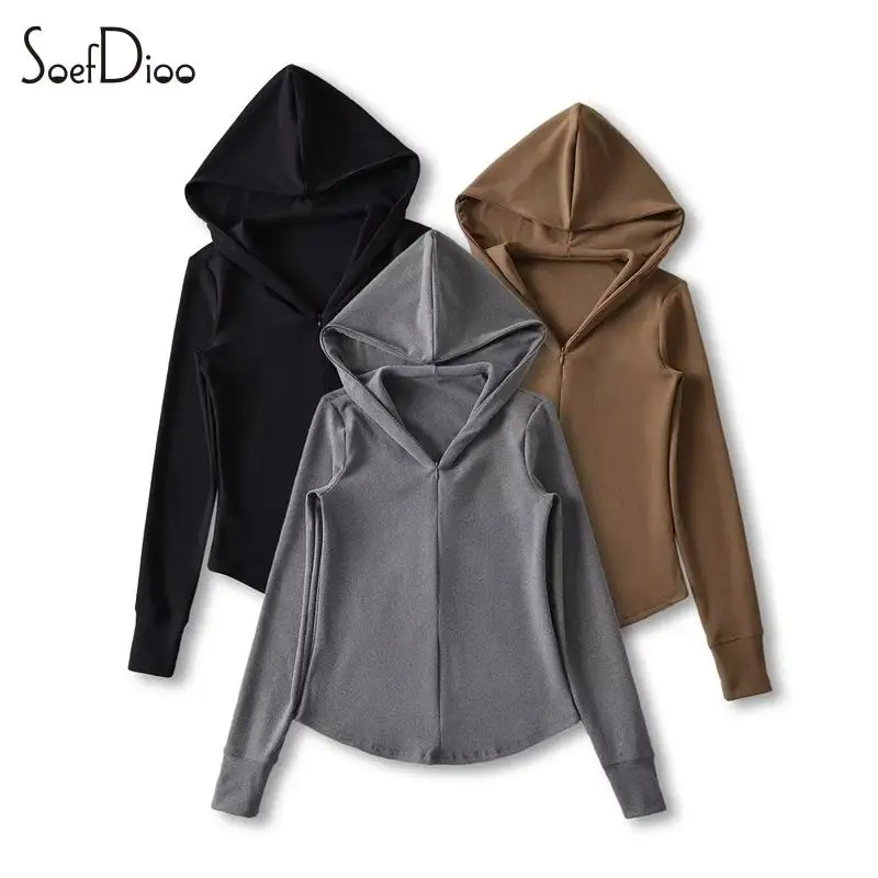 

Soefdioo Casual Concise Hooded Sweatshirts Women Fashion Zip-Up Irregular Long Sleeve Slim Hoodie 2024 Spring Hipster Streetwear