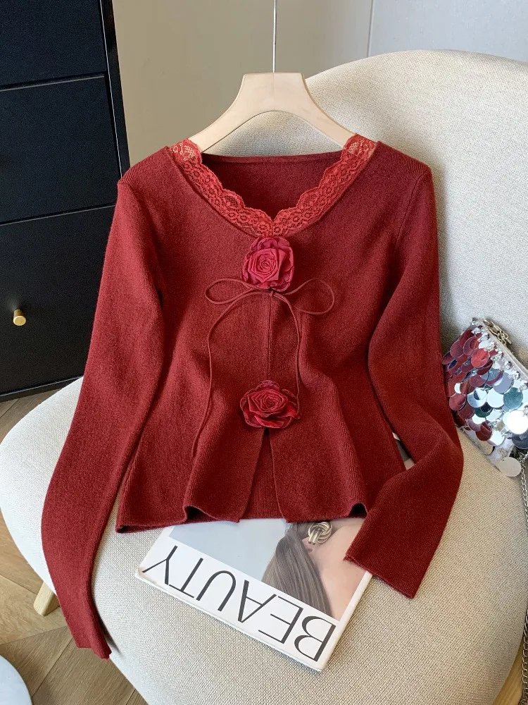 Французская кружевная вязаная футболка с v-образным вырезом в стиле пэчворк