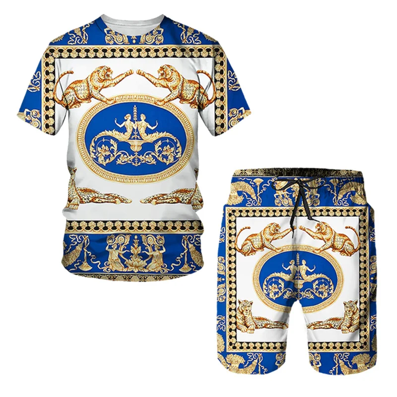 

Костюм мужской летний с 3D-принтом, повседневная спортивная одежда для бега, фитнеса, с коротким рукавом и шортами, домашняя повседневная одежда с круглым вырезом