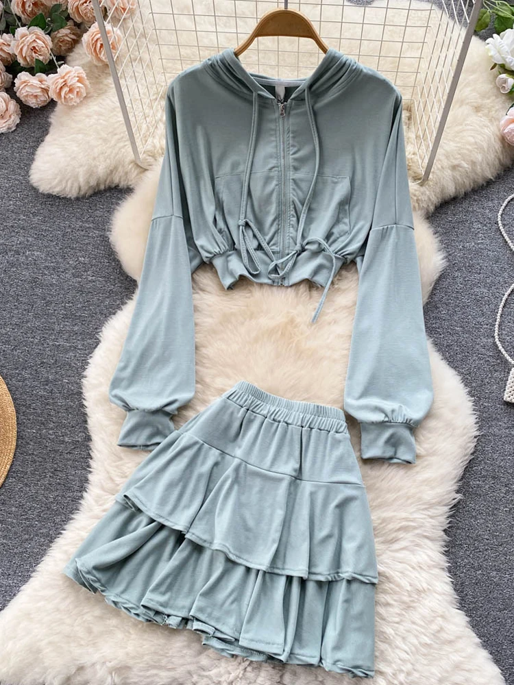 

YuooMuoo Two Piece Set Women 2022 Y2K Dress Sets Streetwear Hooded Long Sleeve Tops and High Waist Mini Skirts Mujer Sets
