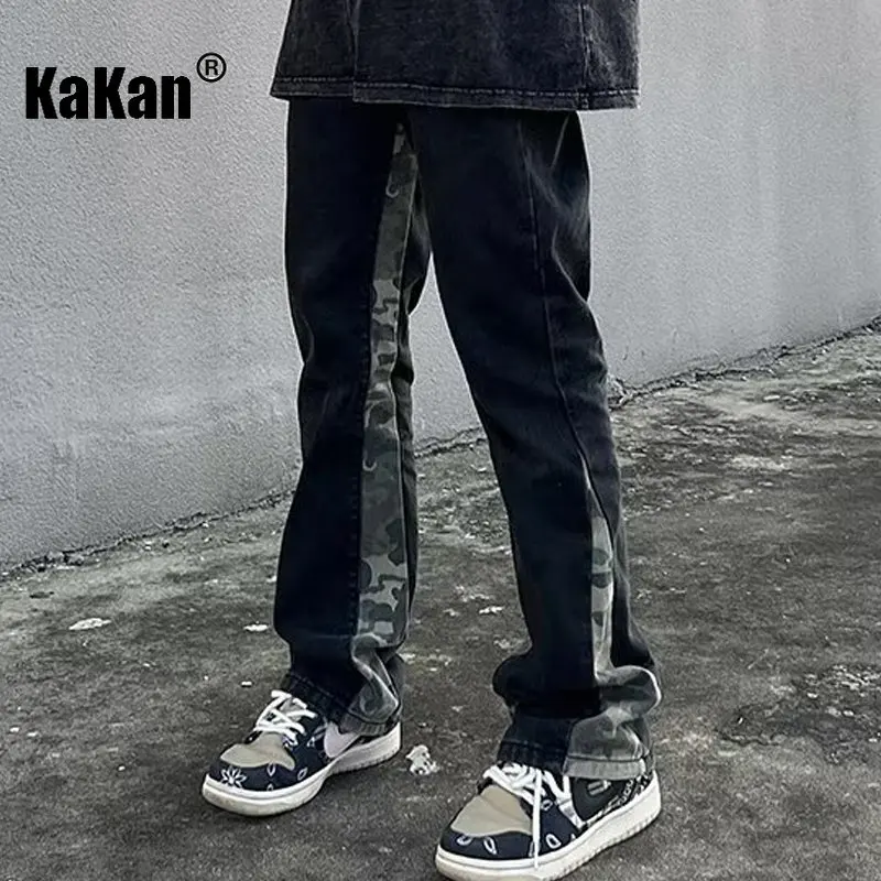 Kakan - New Washed Retro Camouflage Patchwork Jeans for Men, Black Design Feel Straight Tube Micro Flared Long Jeans K33-M004