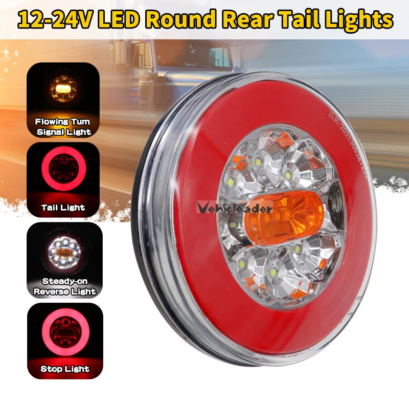

12-24V LED 4in1 Dynamic Truck Taillight Round Tail Trun Signal Reverse Lamp Rear Brake Stop Light For Trailer Lorry RV Bus