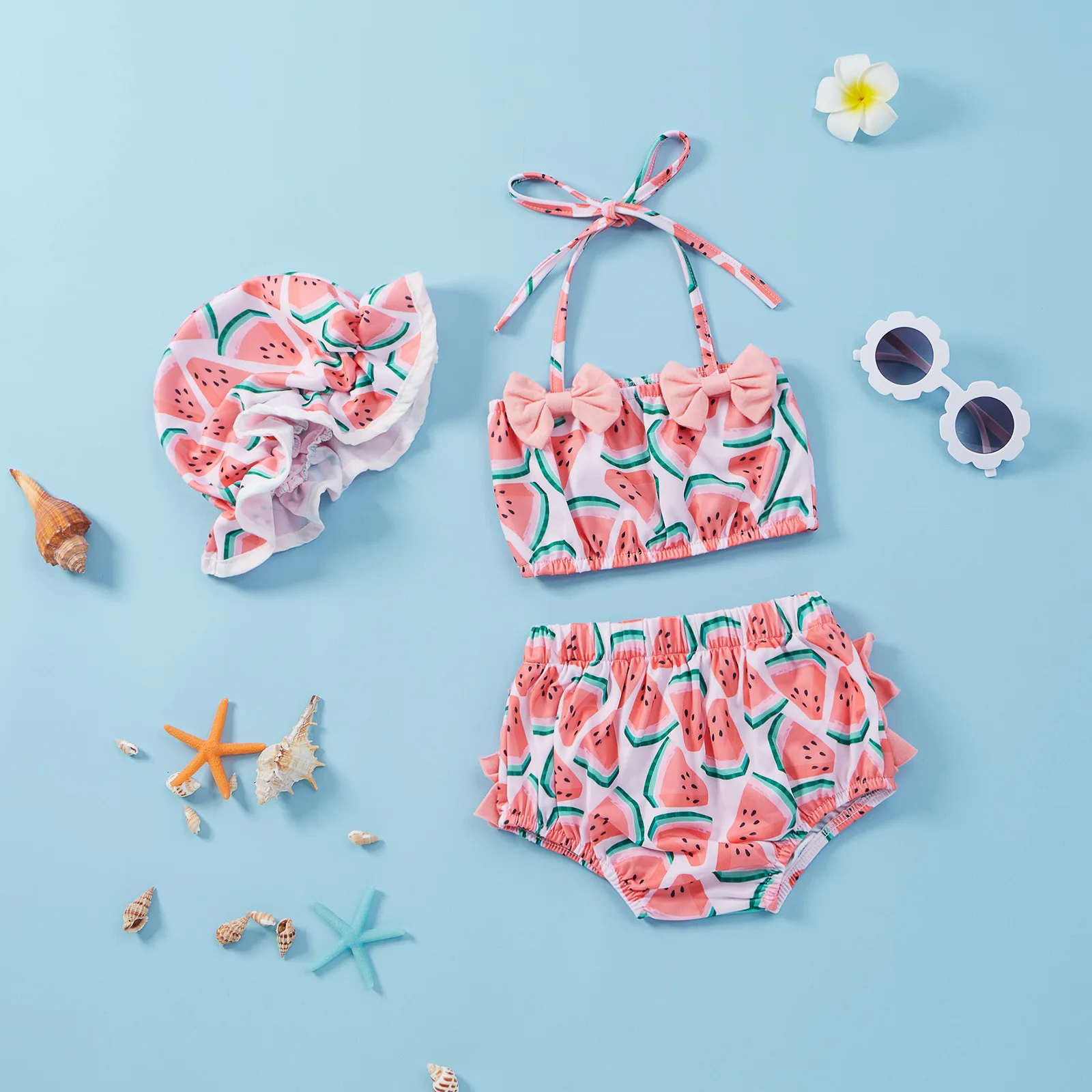 

3pcs Cute Watermelon Bow Toddler Swimsuits Ruffle Baby Girl Bathing Suit Bikini Sets Swimwear Summer Beach Outfit Top Shorts Hat