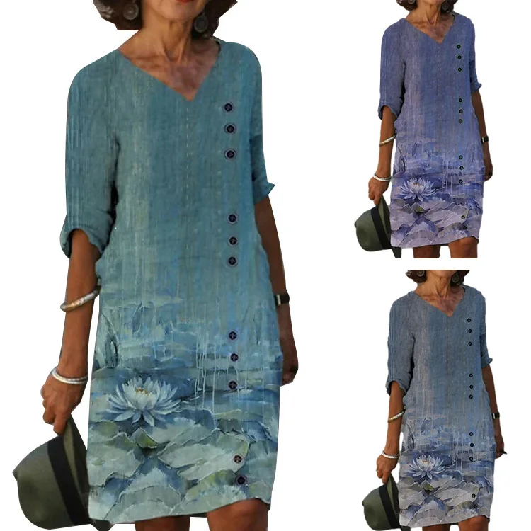 

Casual 2023 spring summer loose print women's medium sleeve V-neck vintage dress