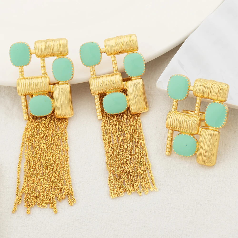 

Dubai Golden Tassels Earrings For Woman Nigerian African 18k Gold Plated Colorful Earring Party Gift Ethiopian Jewelry Accessory