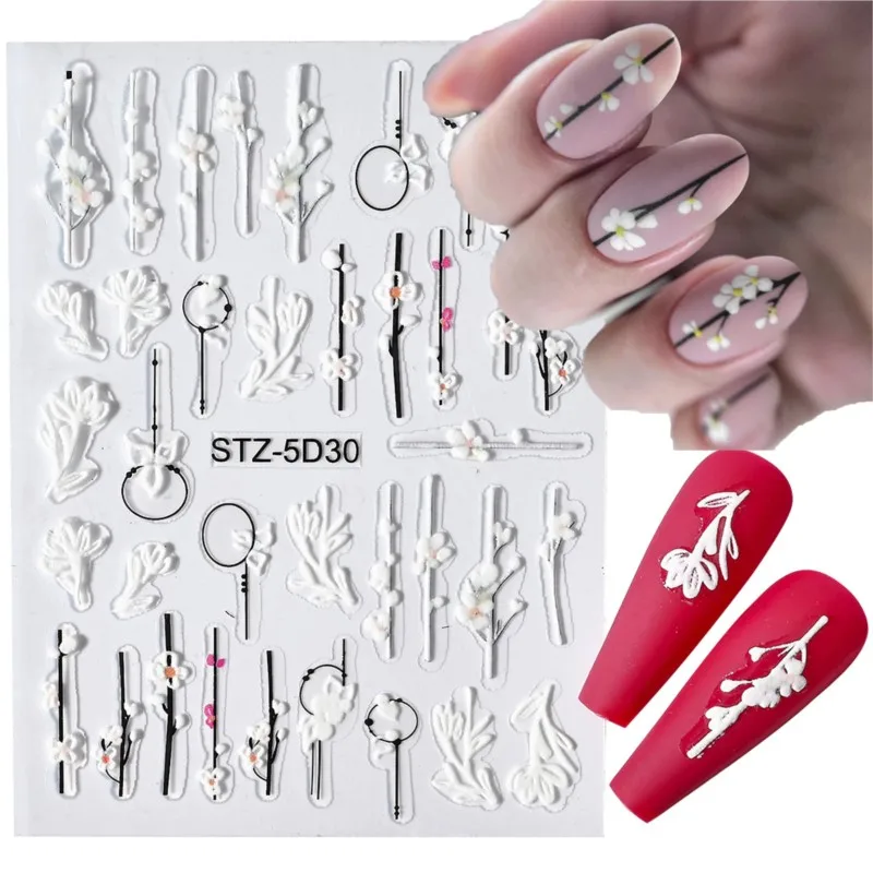 

5D Flowers Geometric Nail Stickers Acrylic Embossed Self-adhesive Sliders Nail Decals Cherry Blossom Manicure Nail Art Sticker #