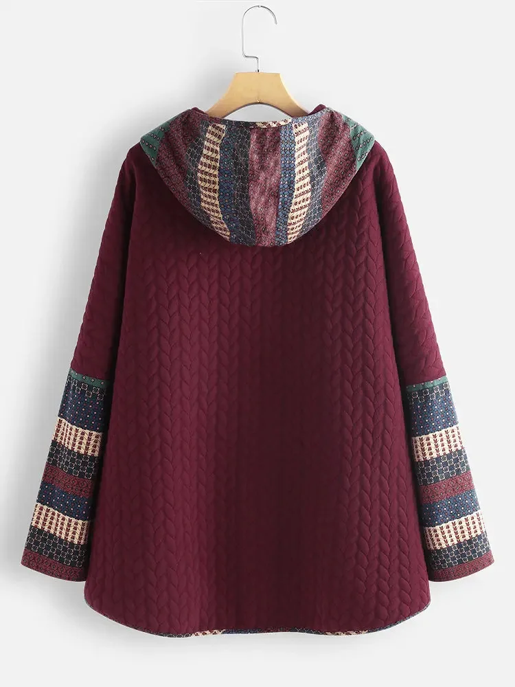 2022 autumn and winter new hooded cotton coat single-breasted ethnic print long-sleeved mid-length coat women