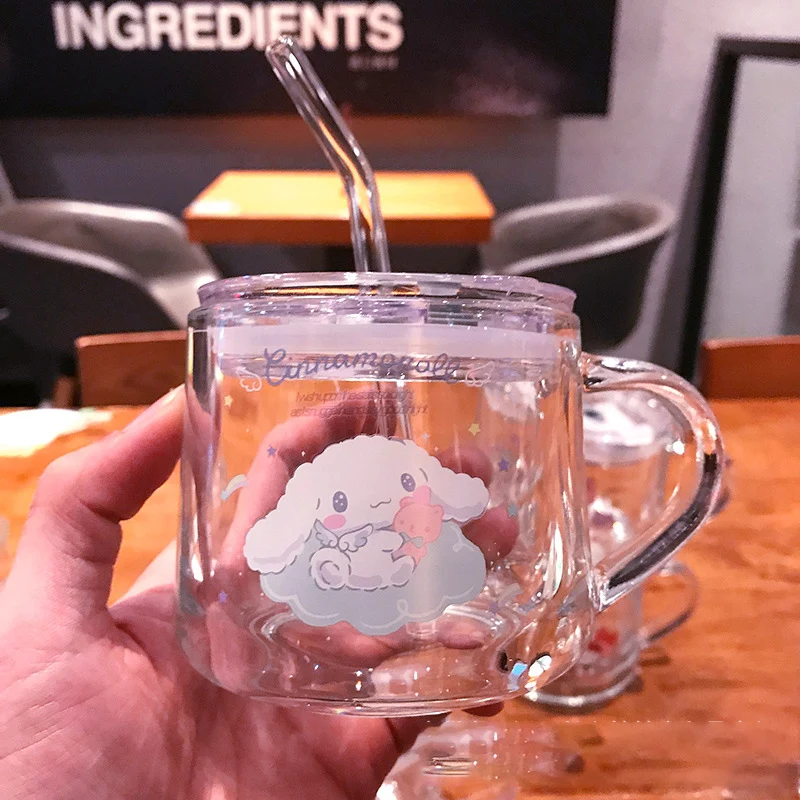300ML Sanrioed kitty My Melody Kuromi Cinnamoroll Breakfast Cup Straw with Lid Anime Kawaii Milk Juice Water Cup Glass Kid Gifts images - 6