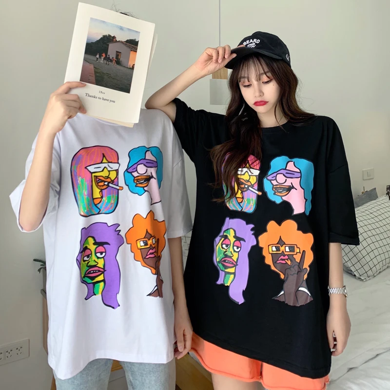 Funny Cartoon T-Shirt Women Oversized Short-Sleeved Top Female Clothes Fashion Print Casual Loose Summer Thin T-Shirt