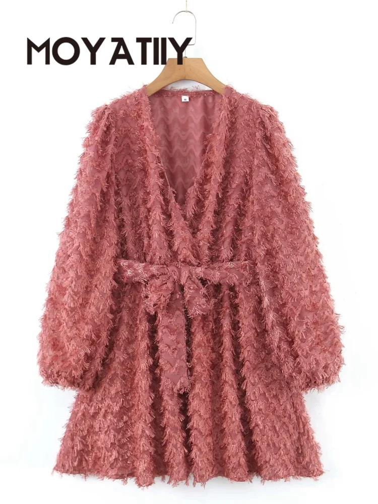 

MOYATIIY 2022 Fashion Women Tassel Dress With Slash Long Sleeve Office Ladies Mini Dress Sweet Vestdios