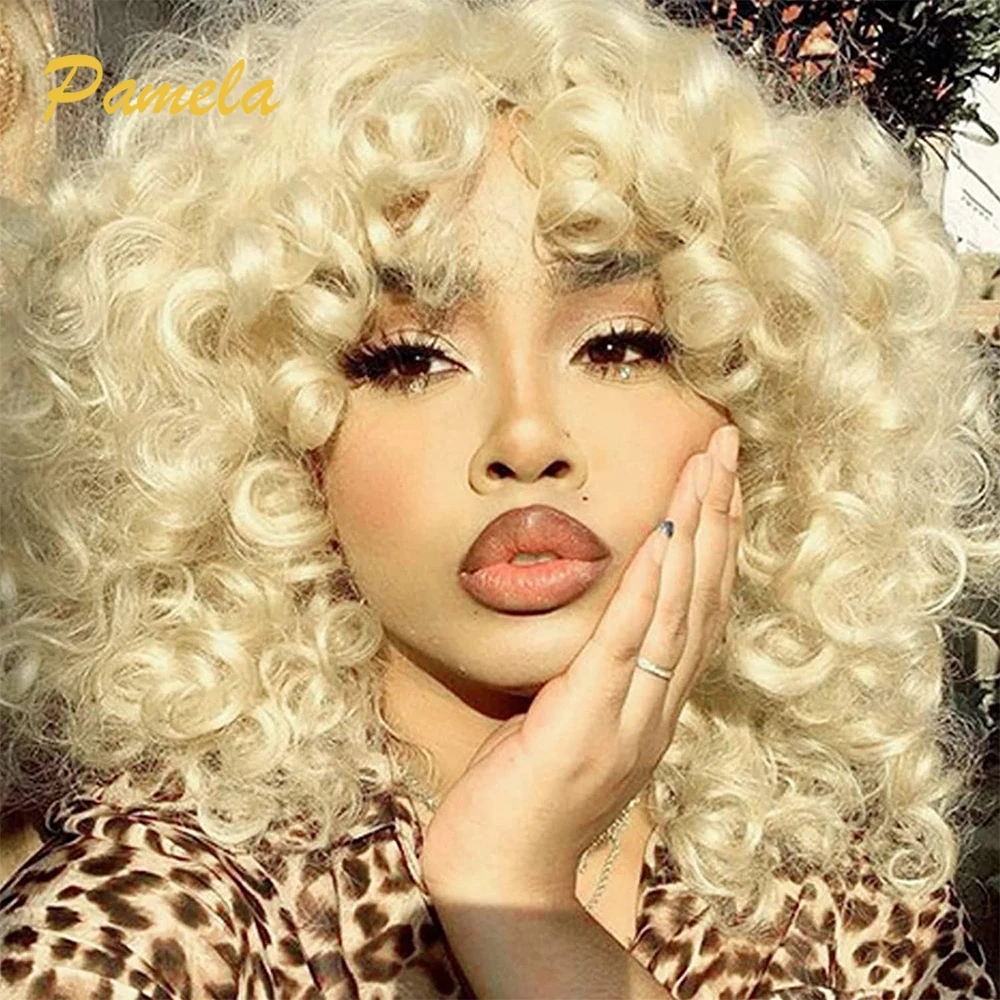 Honey Blonde Short Loose Bouncy Curly with Bangs Wigs Brazilian Curly Human Hair Wigs Natural Color Short Curly For Women