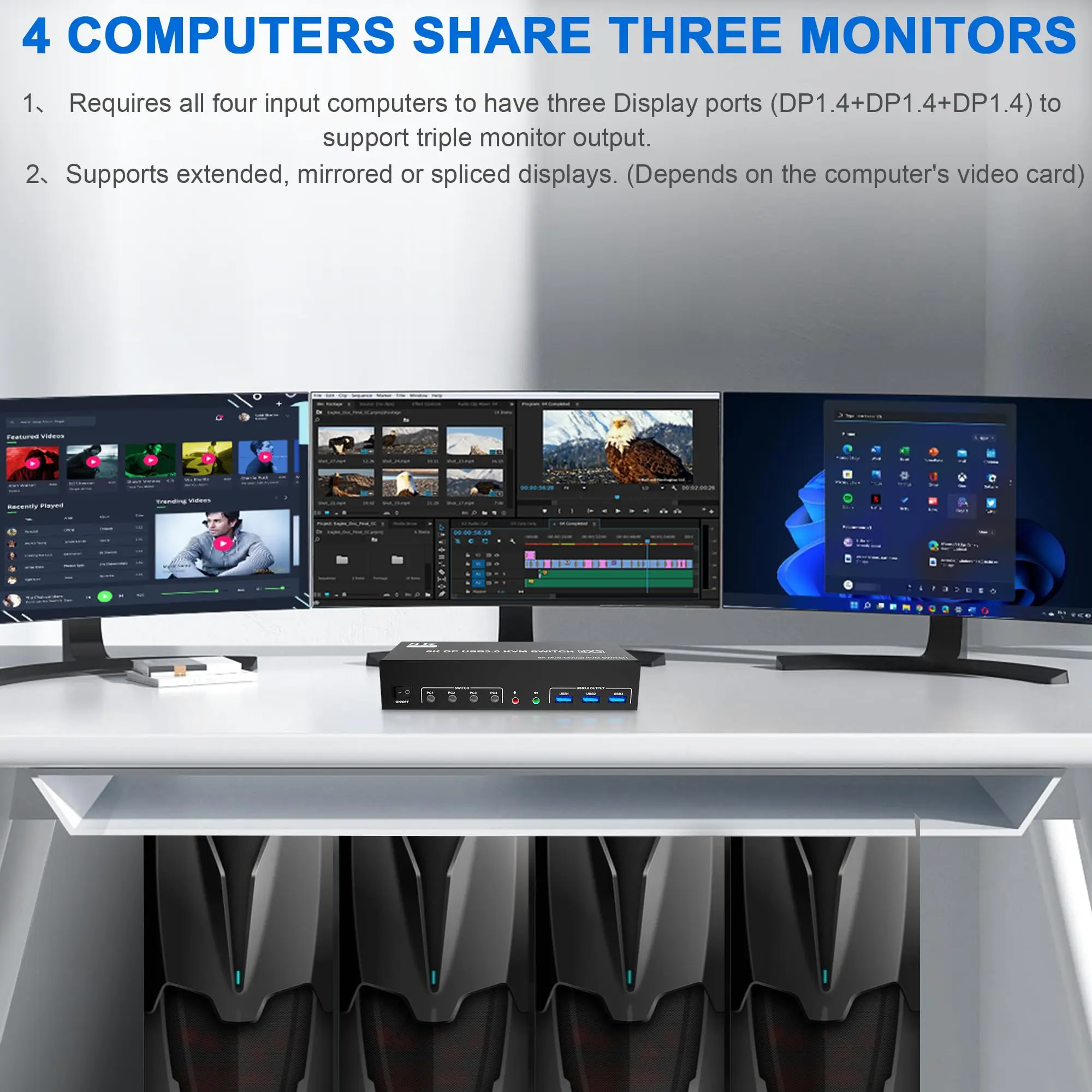 Фото KVM-переключатель USB3.0 Displayport, 3 монитора, 4 компьютера, KVM-переключатель с тройным монитором DP1.4 и выходом аудиомикрофона + 3 порта USB3.0 №3
