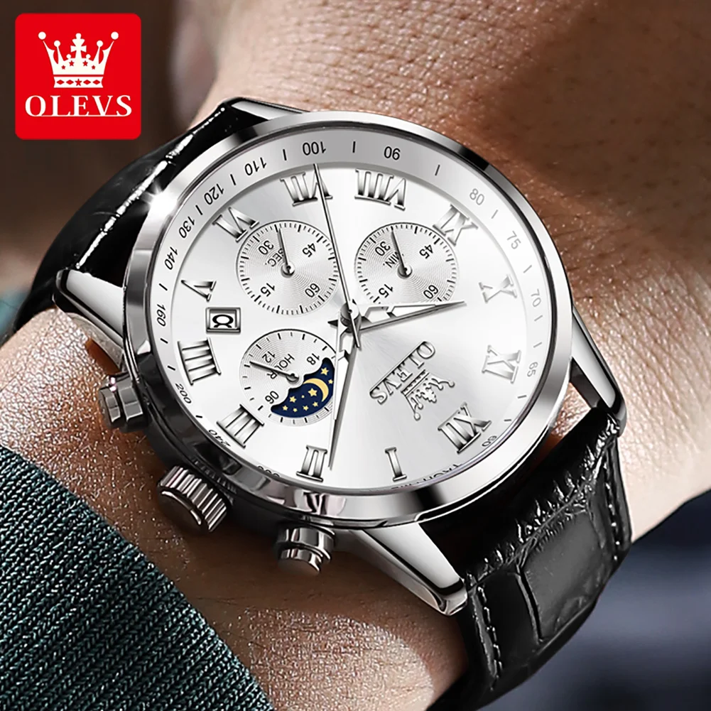 Мужские водонепроницаемые кварцевые часы с хронографом и кожаным ремешком