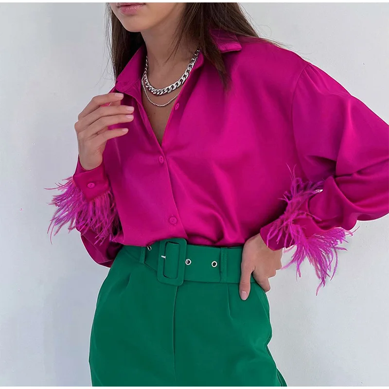 

Feather Cuffs Elegant Women Shirts 2022 Satin Spring Fashion Button Down Blouse Long Sleeves Chic Loose Turndown Collar Tops