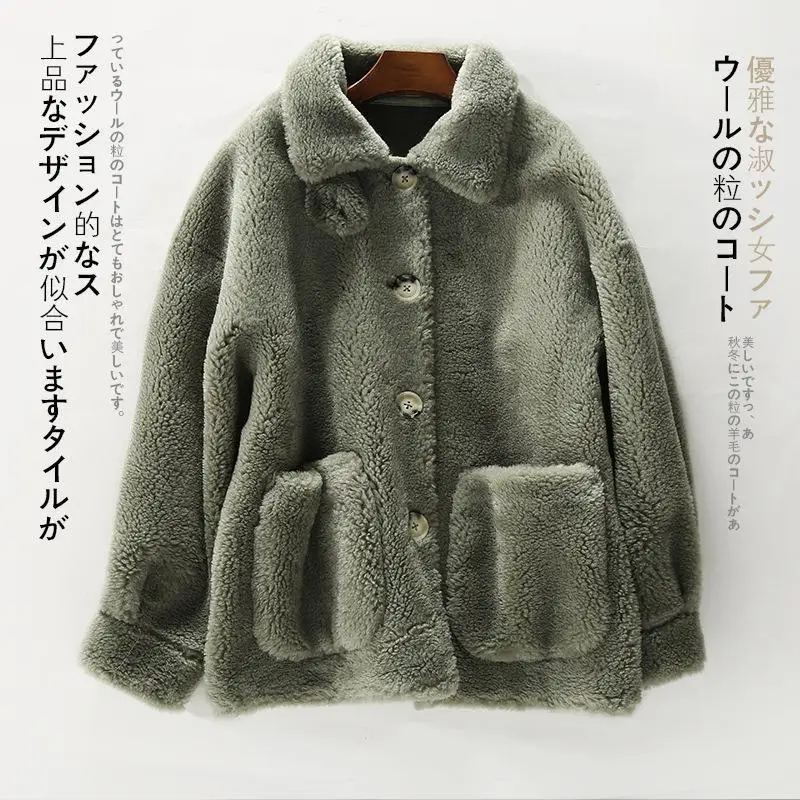 Winter New Woman Turn Down Collar Real Fur Jackets Female Clothing Wild Coats Wool Outerwear Thick Wram Loose Solid Fluffy Tops