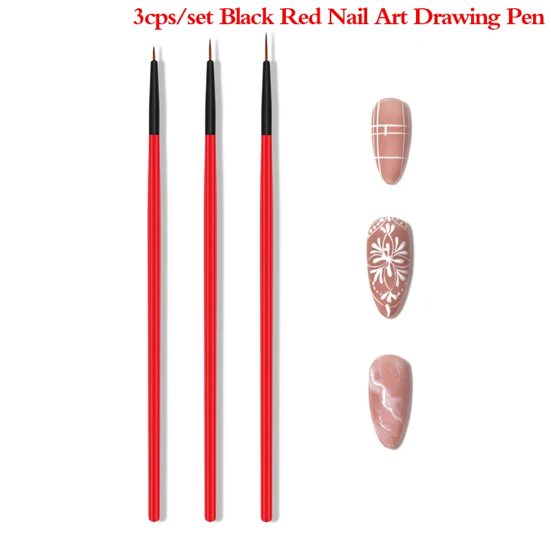 

3Pcs Lines Nail Art Drawing Line Painting Black Red Blue Nail Brush Pen Gel Polish Nail Art Manicuring Tools