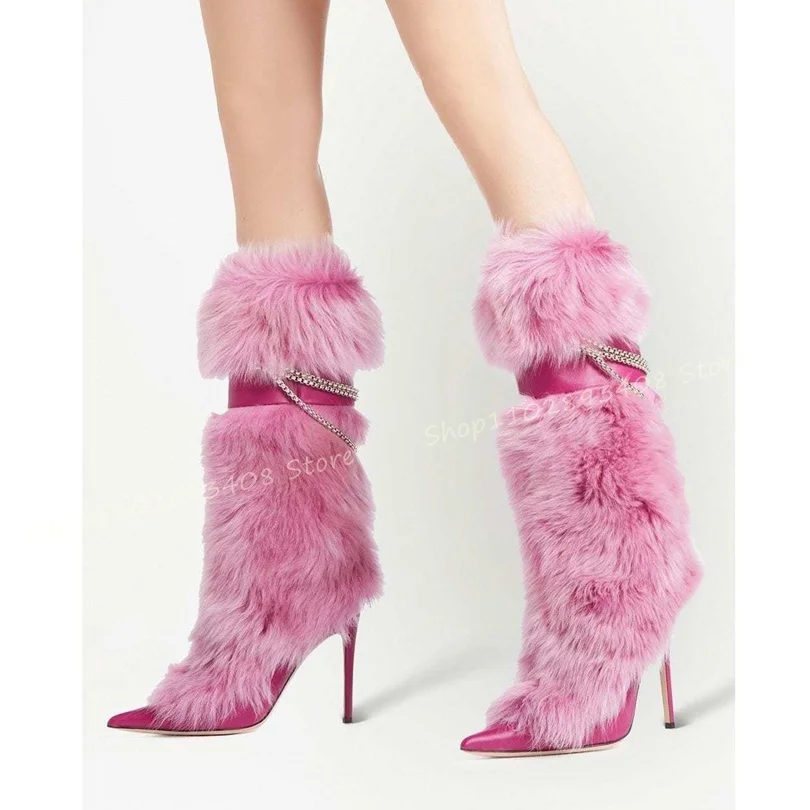 

Chain Fur Decor Pointed Toe Boots Solid Stiletto High Heels Belt Buckle Women Winter New Fashion Shoes 2023 Zapatos Para Mujere