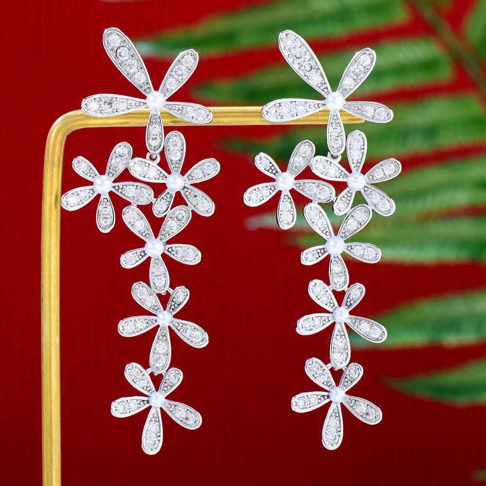 

Missvikki New BOHO Trendy Sun Flowers Long Pendant Drop Earrings Full Cubic Zirconia for Women Wedding Trendy Earrings Bijoux