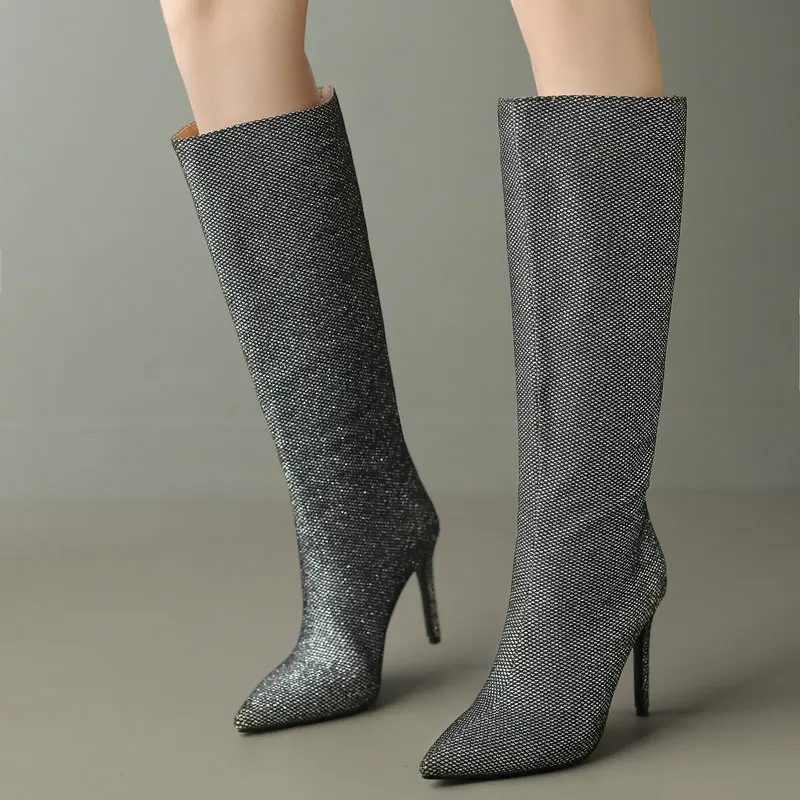 

2023 Fashion Crystal Women Boots Thin High Heel Knee High Boots Slip On Autumn Winter Pointed Toe Ladies Boots Shoes Gold Silver