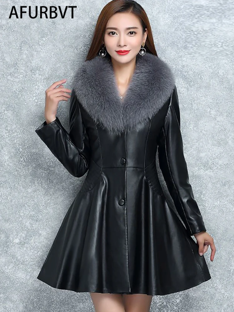 PU Leather long Jackets Women Fashion covered button Coats Women Elegant Side Pockets Faux Fur Jackets Female Ladies enlarge