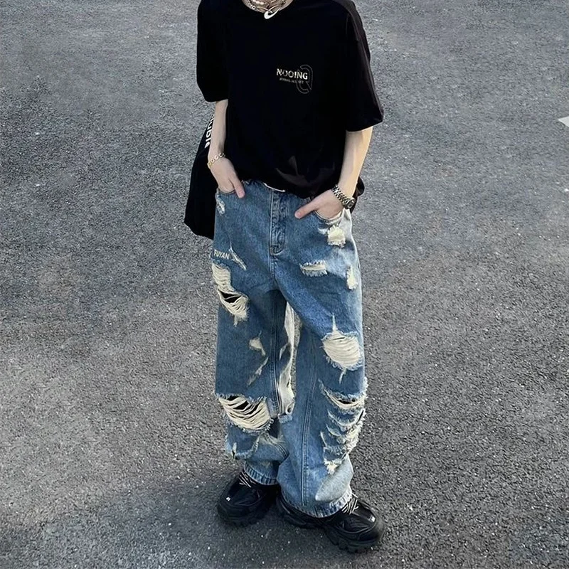 Y2K Emo Vintage Streetwear Harajuku Ripped Baggy Gothic Pants Hip Hop Punk Fairy Grunge Jeans for Men Denim Trousers Alt Clothes