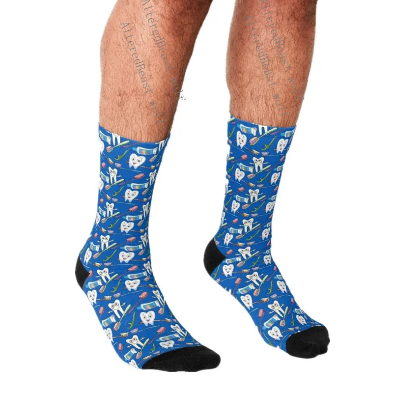 

Men's Funny socks toothbrush floss Blue dental Socks harajuku Men Happy hip hop Novelty boys Crew Casual Crazy Socks for men