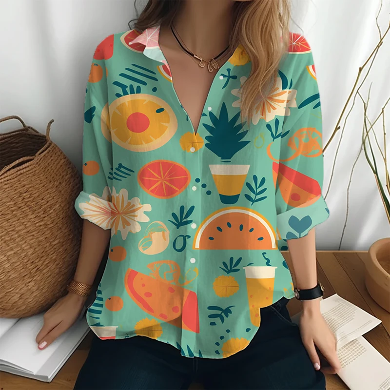 

Hawaii Beach Style Shirt Fruit 3D Printed Shirt Tops Loose Casual Large Size Long Sleeve Shirt Spring Autumn Women's Shirt