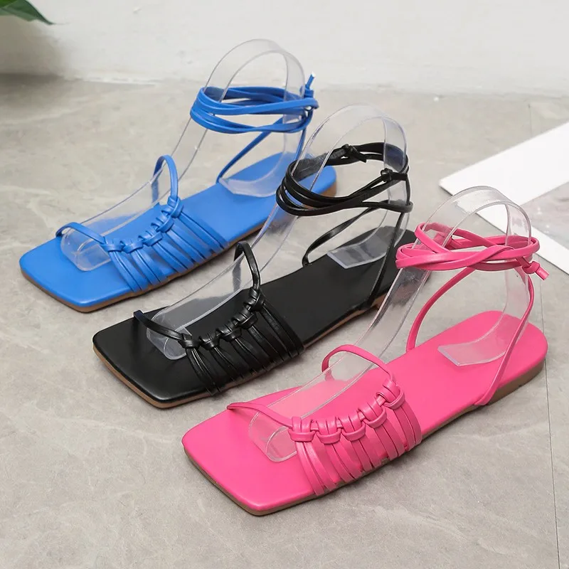 

2022 New Summer Women's Open Toe Beach Shoes Thick Sole Ankle Strap Women's Bandage Large Size 35~43 Ladies Casual Sandals 1